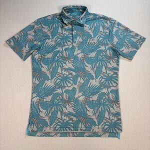 johnnie-O Teal and Taupe Tropical Leaf Polo size small